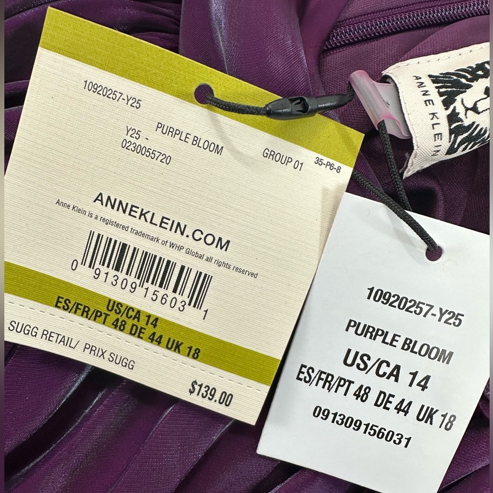 Anne Klein Iridescent Tiered Shift Dress Bow Tie Neck Party Cocktail Purple Bloo - Picture 15 of 15